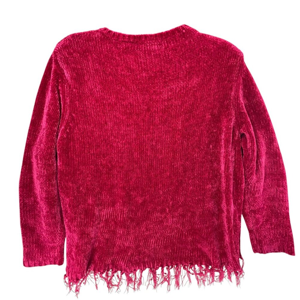 MHD Ladies Pink V Neck Fringe Hem Sweater Velour Large Soft Comfy Cozy Textured - Picture 2 of 12